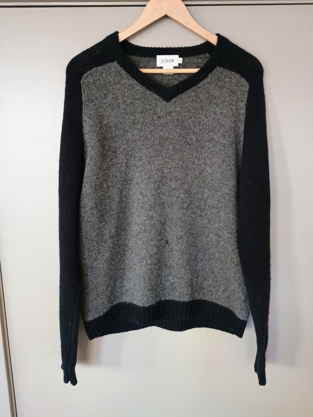 J. Crew Vintage 100% Wool VNeck Sweater Two Tone Gray Black flawed layering warm